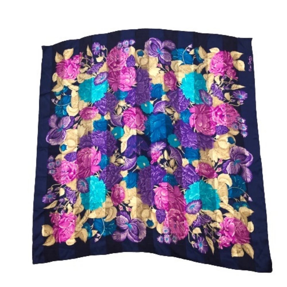 Pierre Cardin Paris Vintage Silk Scarf Floral Sheer Panels Navy Border 34" Sq